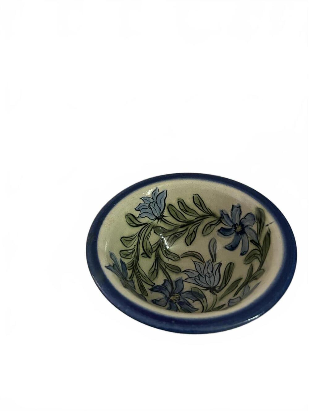 Hand-Painted Ceramic Floral Bowl with Blue Rim - Picture 2 of 4